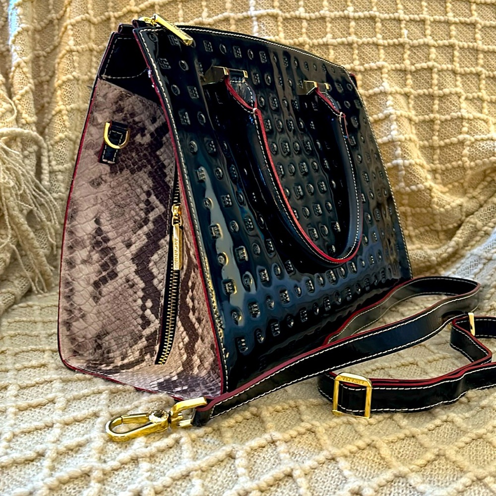 Arcadia Italian black patent leather bag with snakeskin sides